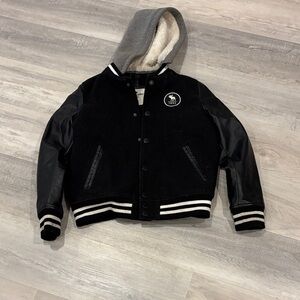 Abercrombie Kids Black and Gray Varsity Jacket with Hood